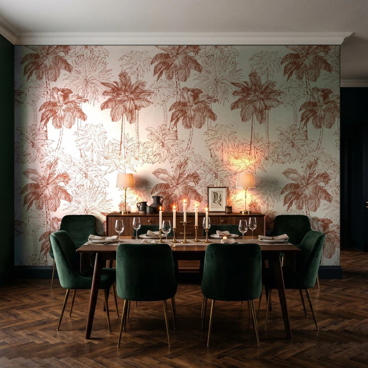 Conservatory Greens Terracotta tropical palm toile wallpaper in a dark moody dining room with a candlelit table