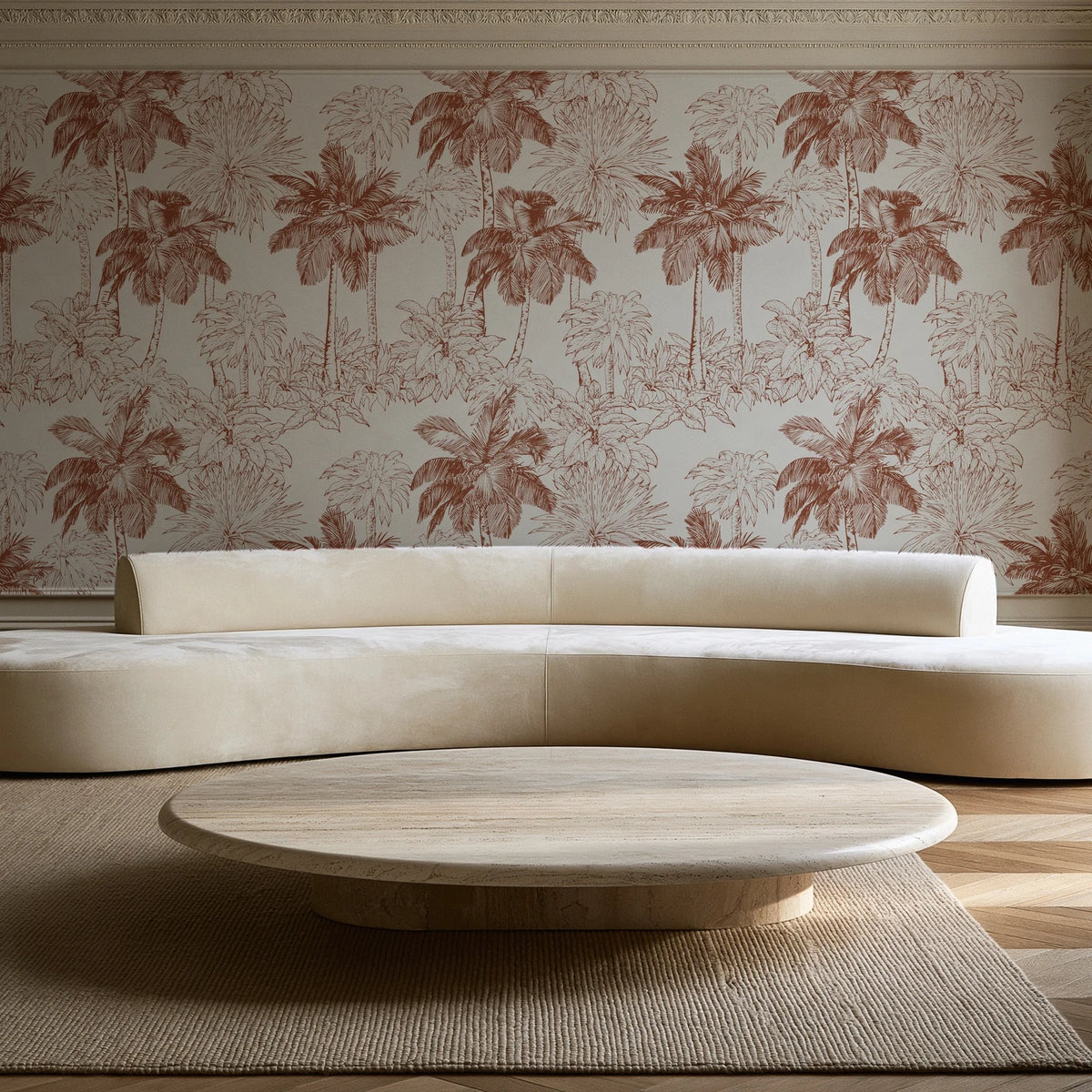 Conservatory Greens Terracotta tropical palm toile wallpaper in an elegant living room
