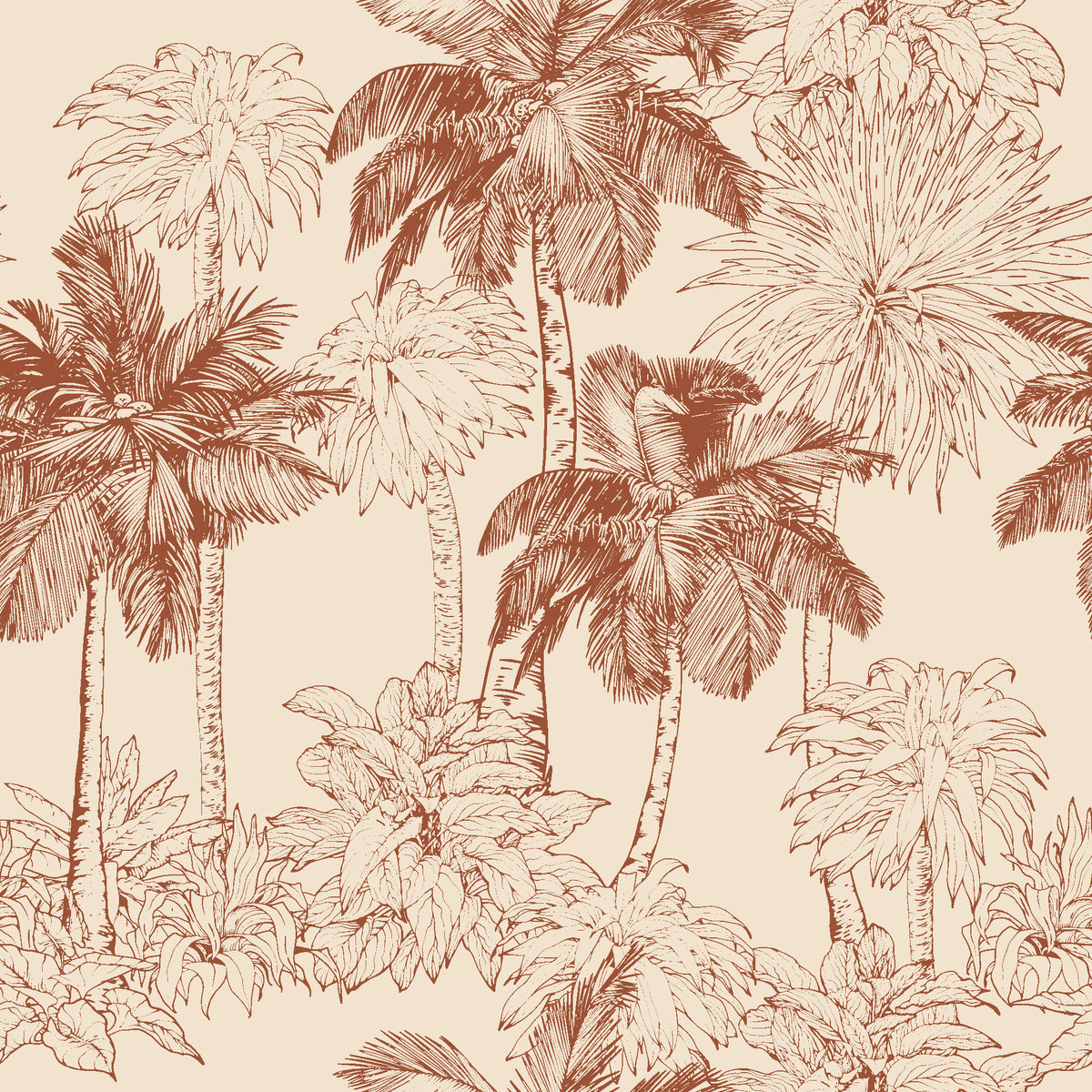 Conservatory Greens Terracotta tropical palm toile wallpaper in terracotta and sand