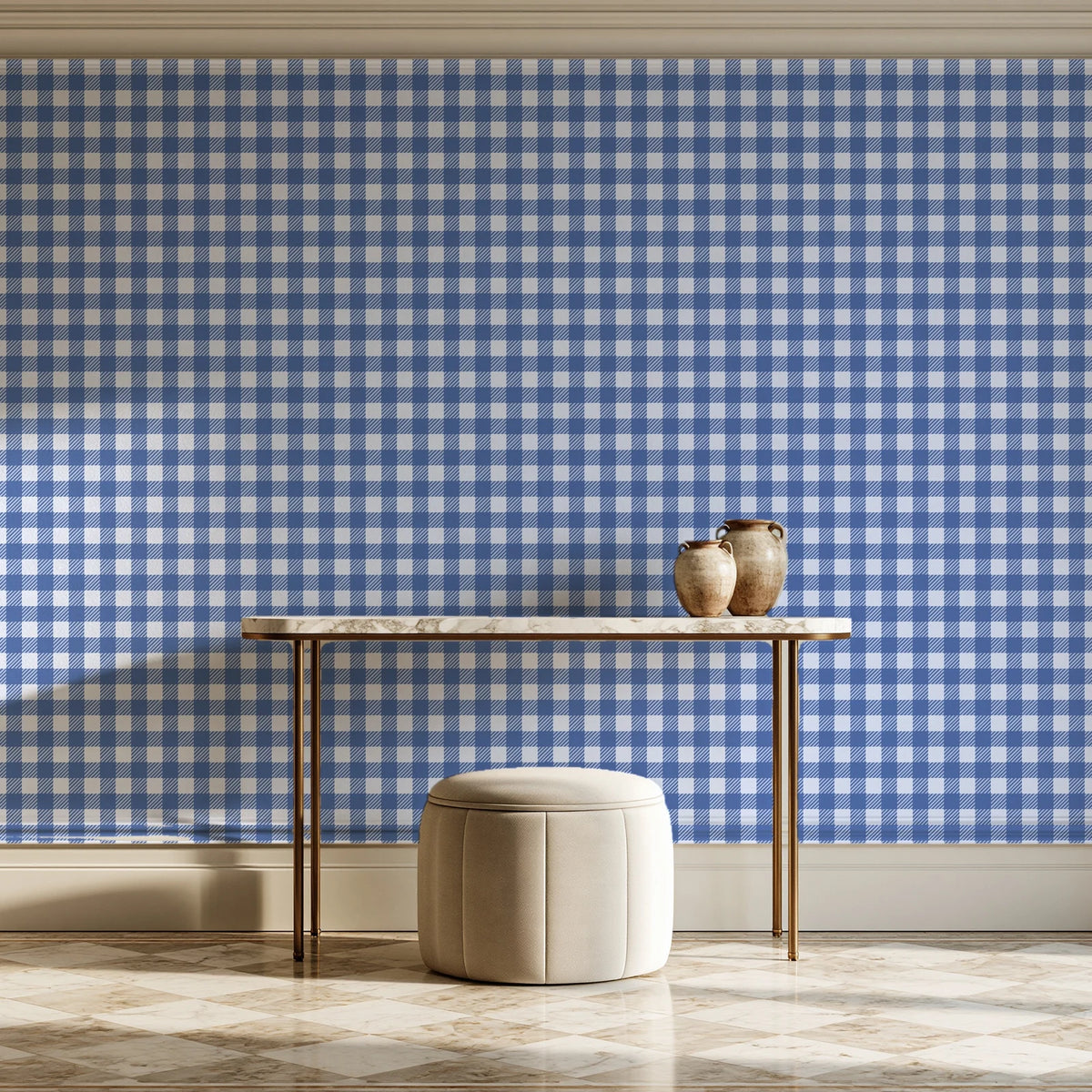 Cotton Candy Navy gingham wallpaper on the wall of a grand entry foyer