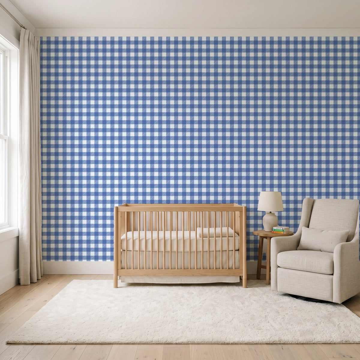 Cotton Candy Navy gingham wallpaper in a calm, light-filled nursery