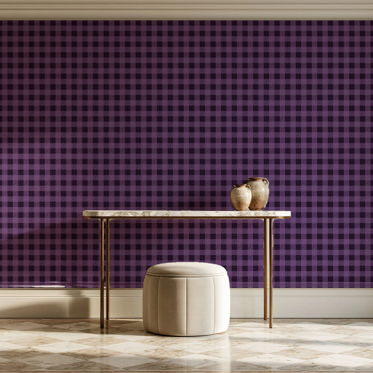 Cotton Candy Plum gingham wallpaper on the wall of a grand entry foyer