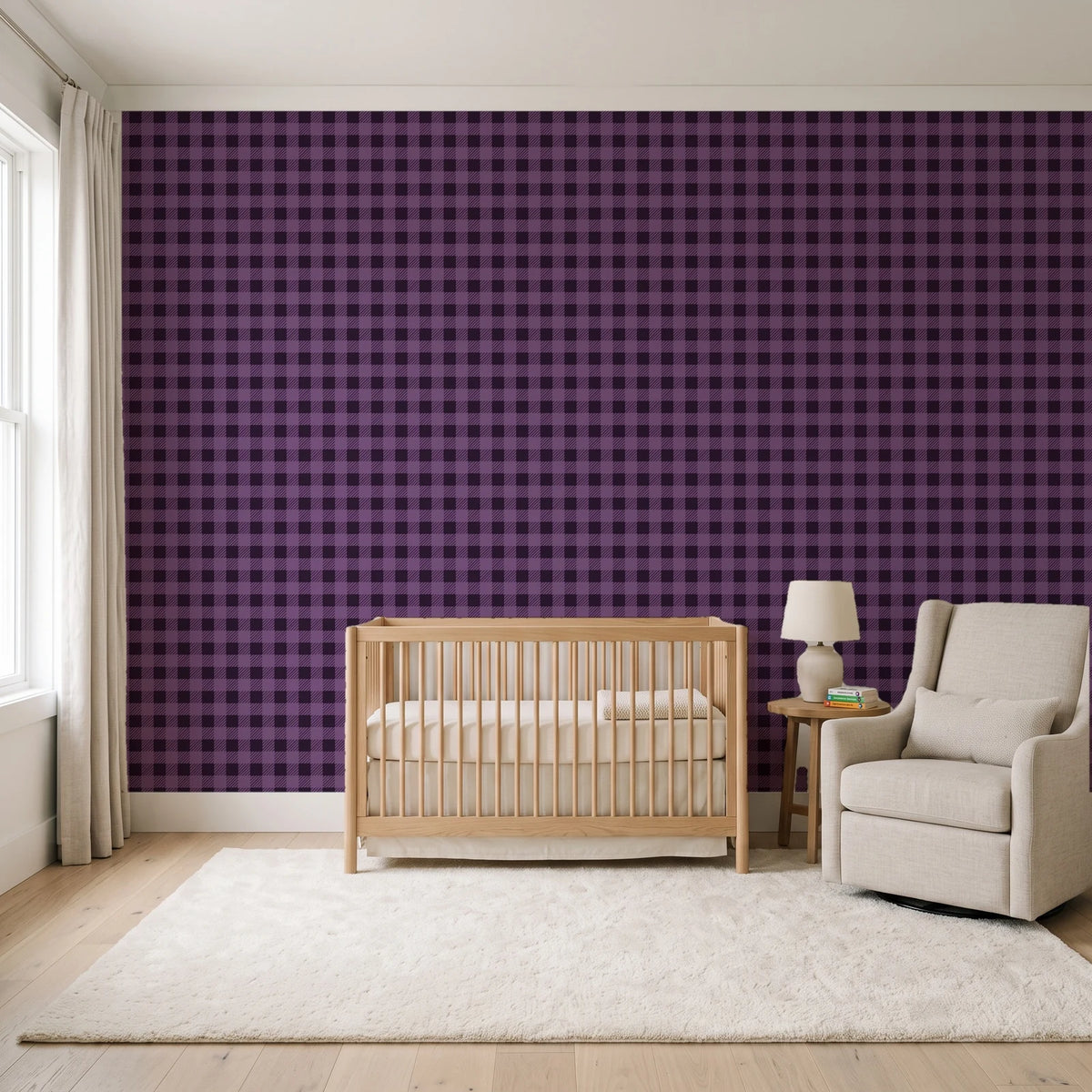Cotton Candy Plum gingham wallpaper in a calm, light-filled nursery