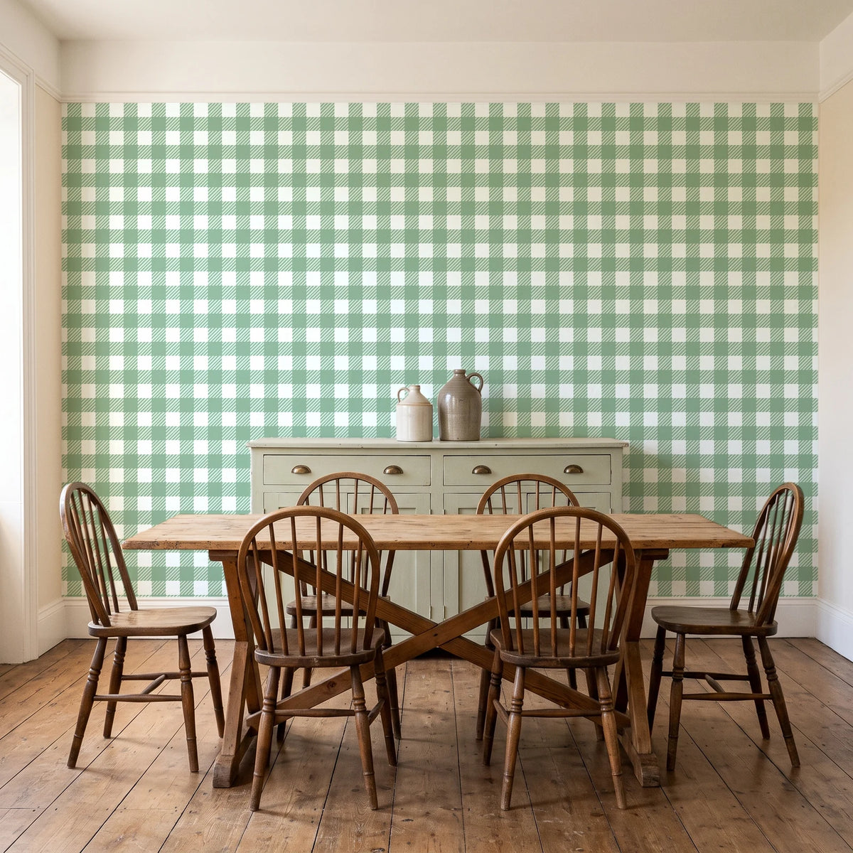 Cotton Candy Sage gingham wallpaper in a farmhouse dining room with a sage sideboard and rustic trestle table