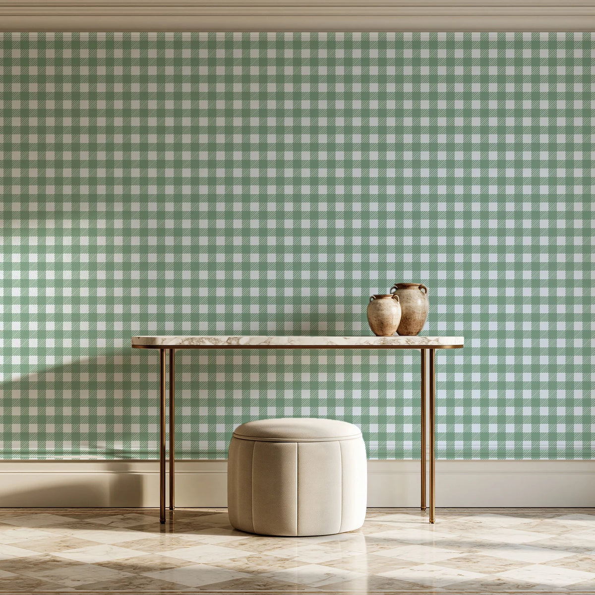 Cotton Candy Sage gingham wallpaper on the wall of a grand entry foyer