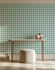 Cotton Candy Sage gingham wallpaper on the wall of a grand entry foyer