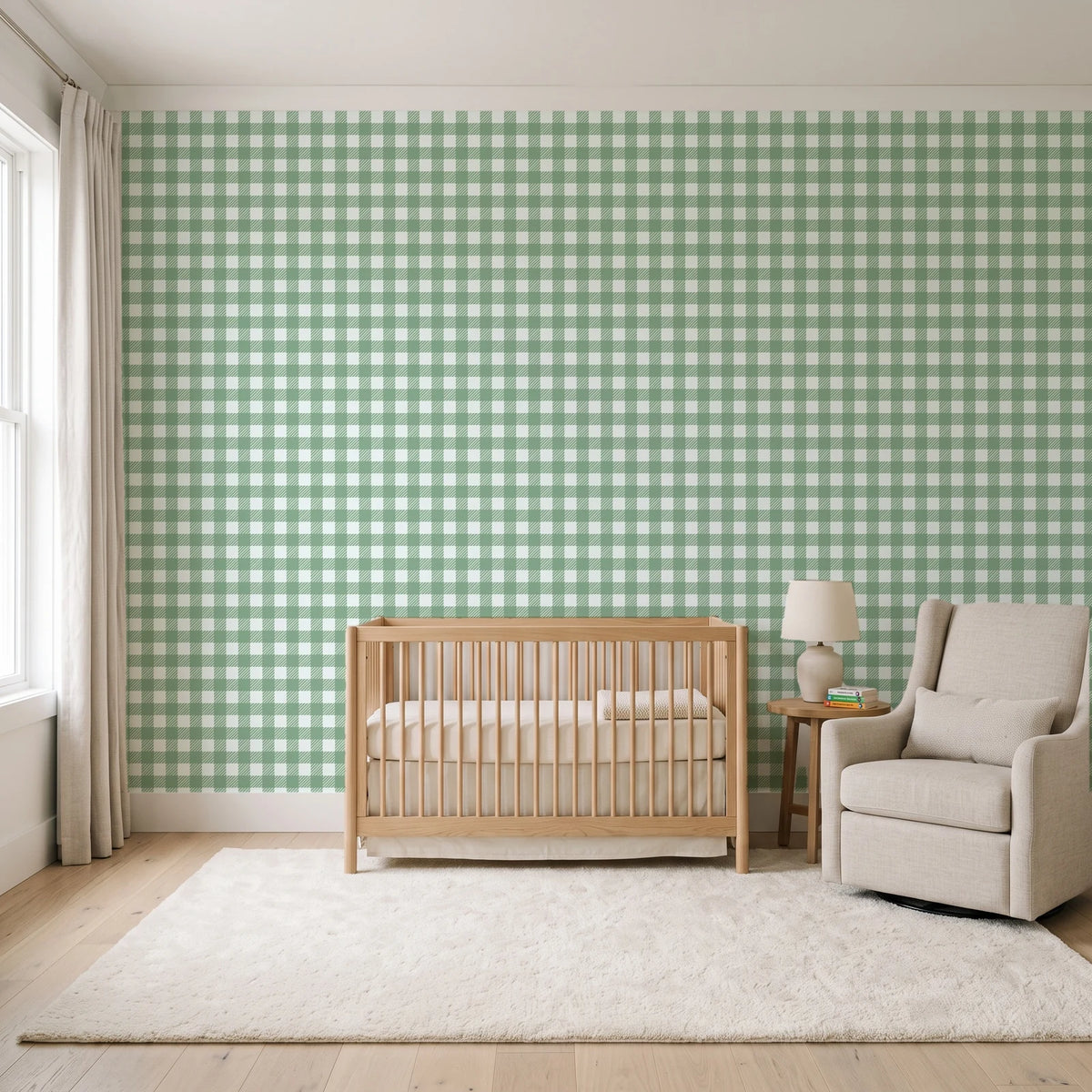 Cotton Candy Sage gingham wallpaper in a calm, light-filled nursery