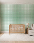 Cotton Candy Sage gingham wallpaper in a calm, light-filled nursery