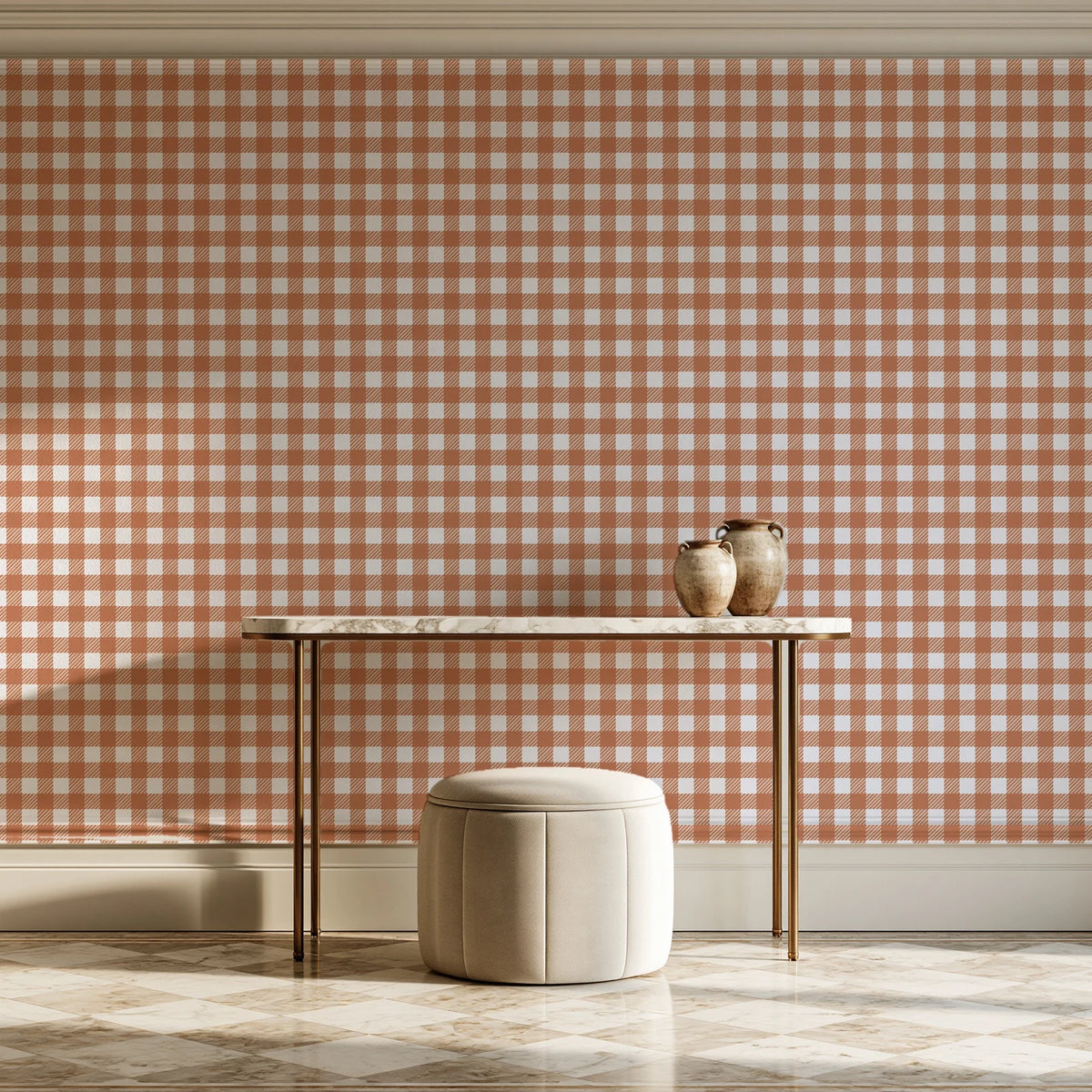 Cotton Candy Terracotta gingham wallpaper on the wall of a grand entry foyer