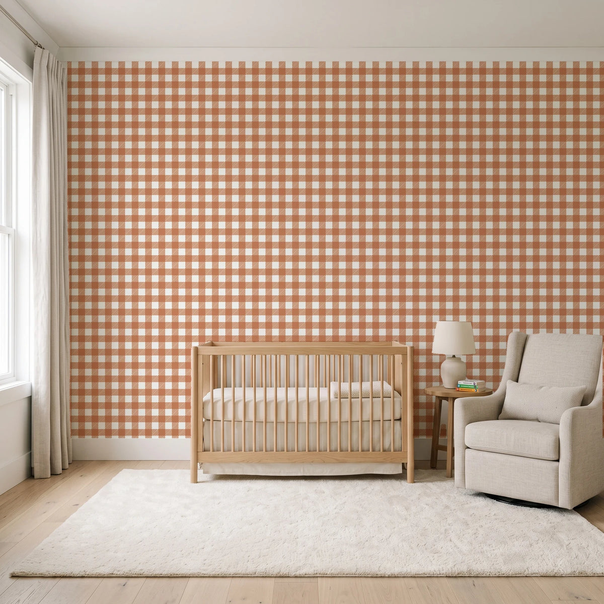 Cotton Candy Terracotta gingham wallpaper in a calm, light-filled nursery