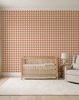 Cotton Candy Terracotta gingham wallpaper in a calm, light-filled nursery