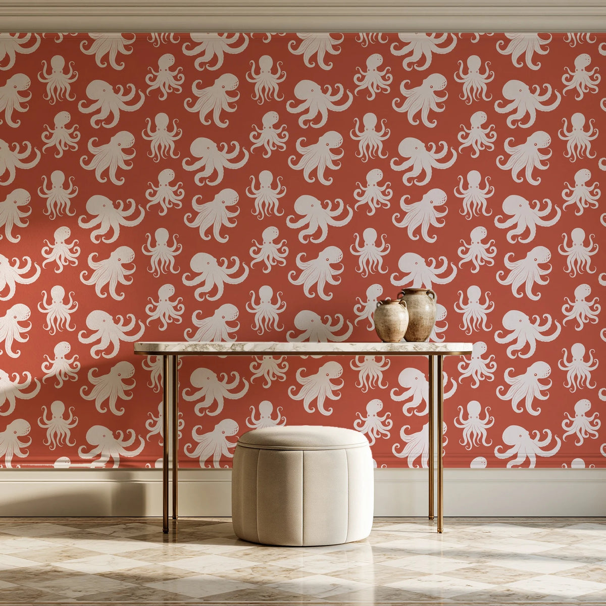 Cresting Wave Coral octopus wallpaper on the wall of a grand entry foyer