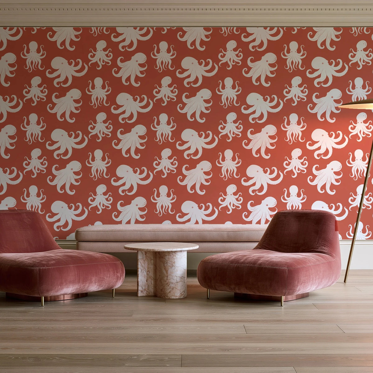 Cresting Wave Coral octopus wallpaper in a boutique hotel sitting area