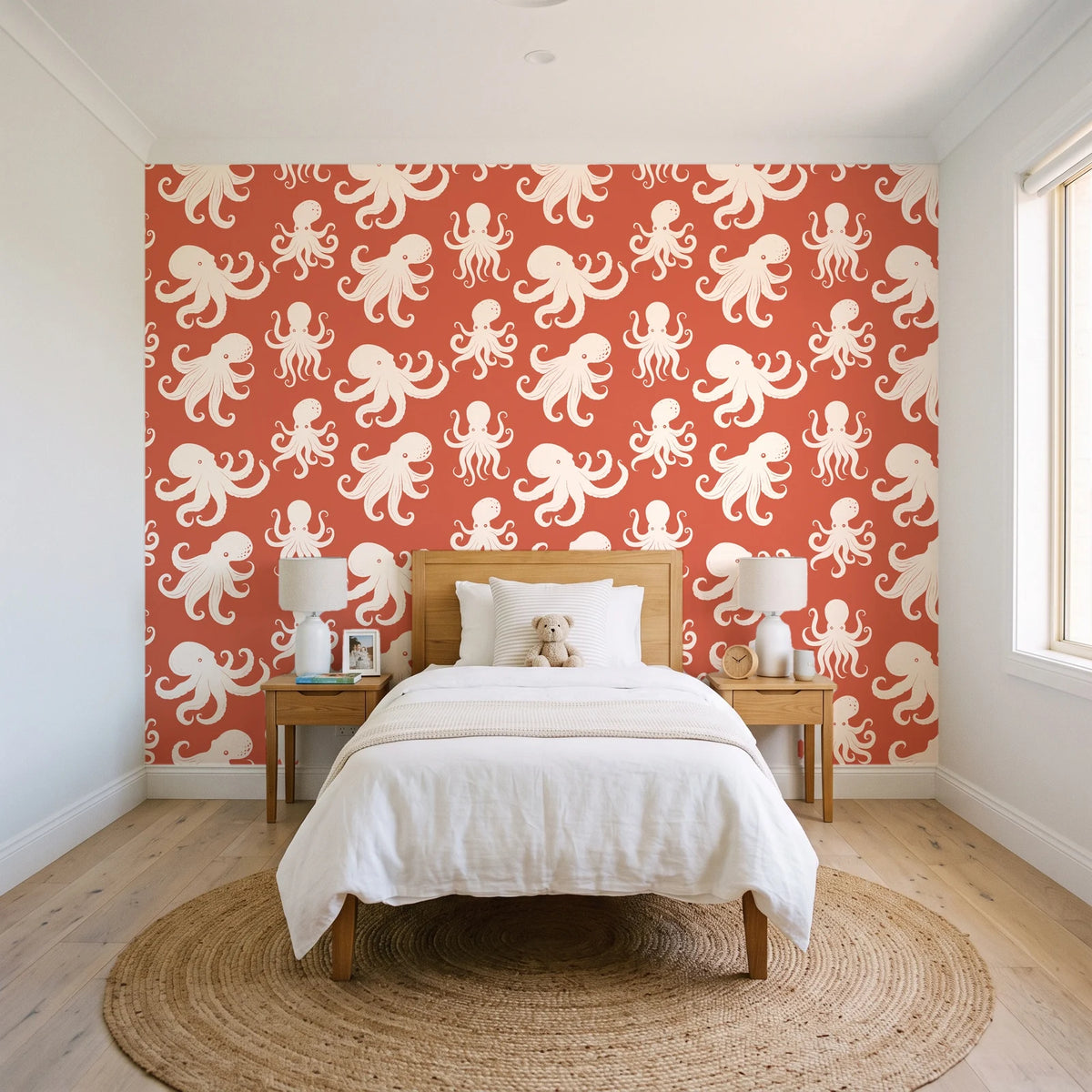 Cresting Wave Coral octopus wallpaper in a bright, cheerful child's bedroom