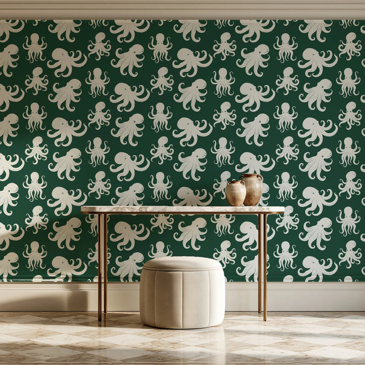 Cresting Wave Forest octopus wallpaper on the wall of a grand entry foyer