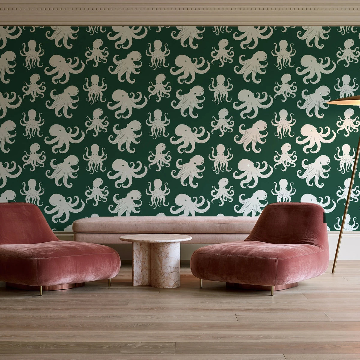 Cresting Wave Forest octopus wallpaper in a boutique hotel sitting area
