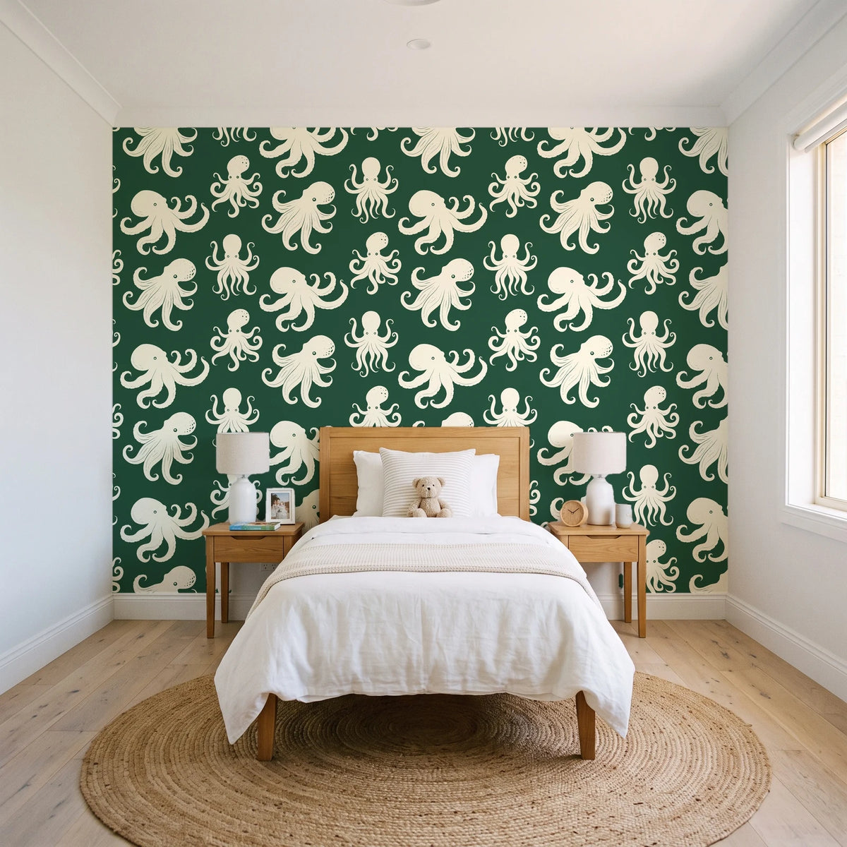Cresting Wave Forest octopus wallpaper in a bright, cheerful child's bedroom