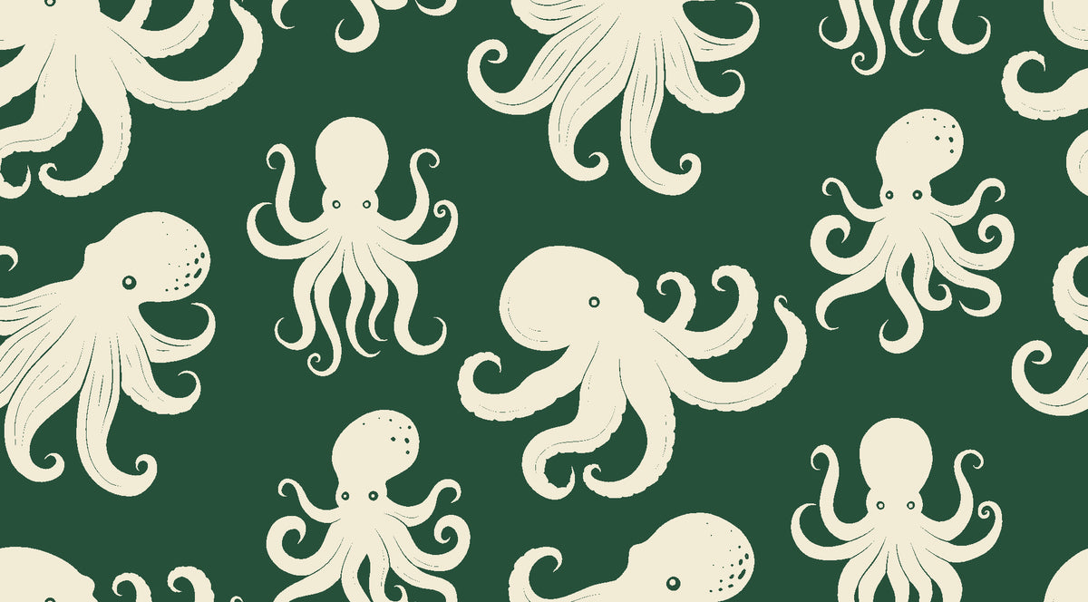 Cresting Wave Forest octopus wallpaper in forest green and cream