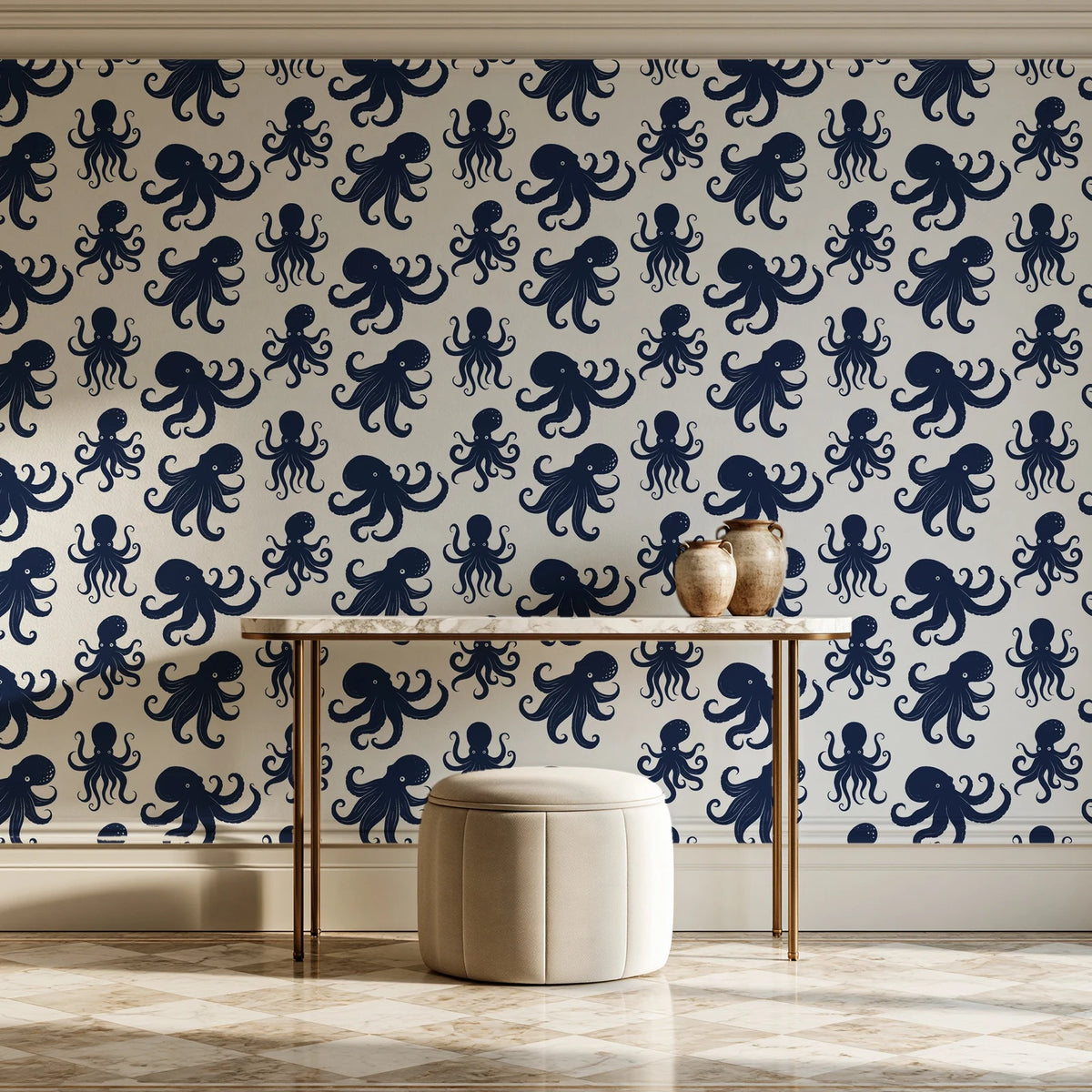Cresting Wave Ink octopus wallpaper on the wall of a grand entry foyer