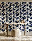 Cresting Wave Ink octopus wallpaper on the wall of a grand entry foyer