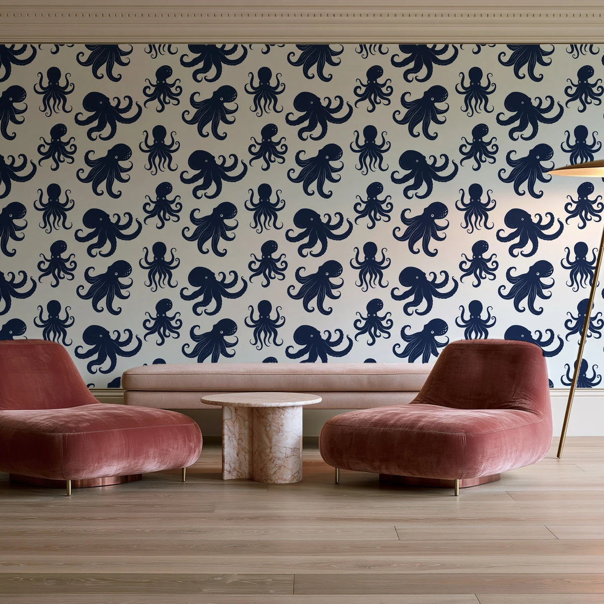 Cresting Wave Ink octopus wallpaper in a boutique hotel sitting area