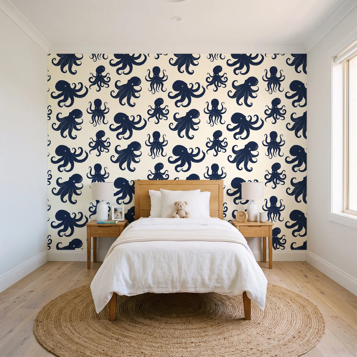 Cresting Wave Ink octopus wallpaper in a bright, cheerful child's bedroom