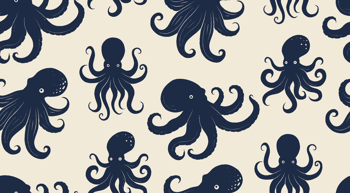 Cresting Wave Ink octopus wallpaper in ink blue and linen