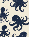 Cresting Wave Ink octopus wallpaper in ink blue and linen