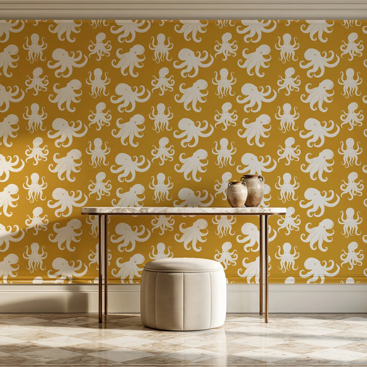 Cresting Wave Saffron octopus wallpaper on the wall of a grand entry foyer