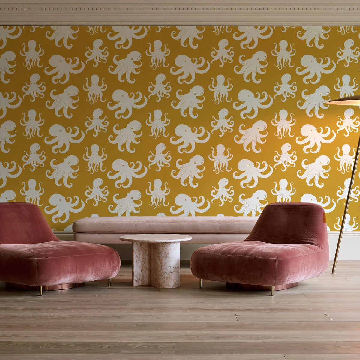 Cresting Wave Saffron octopus wallpaper in a boutique hotel sitting area