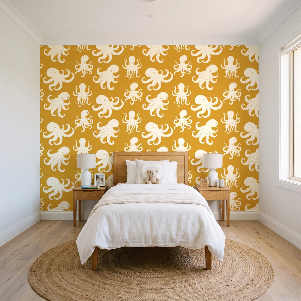 Cresting Wave Saffron octopus wallpaper in a bright, cheerful child's bedroom