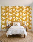 Cresting Wave Saffron octopus wallpaper in a bright, cheerful child's bedroom