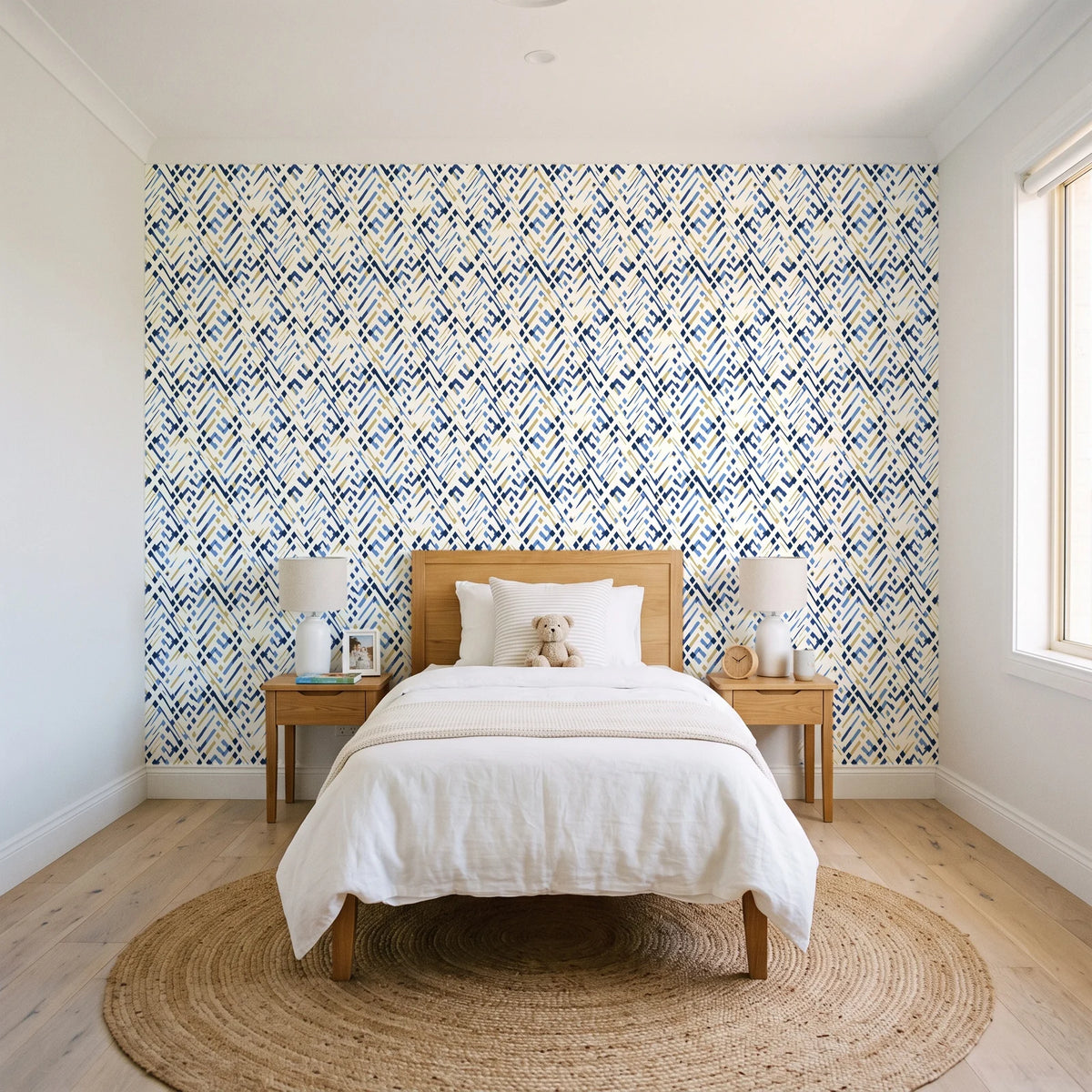 Crossroads Indigo geometric wallpaper in a bright, cheerful child's bedroom