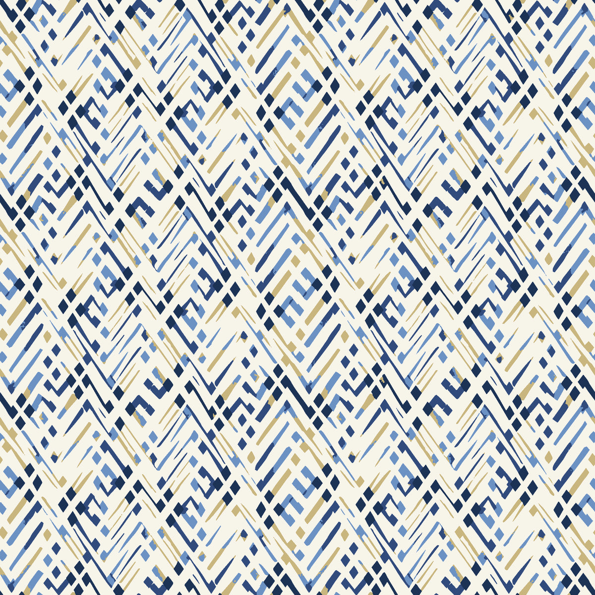Crossroads Indigo geometric wallpaper in indigo and sand