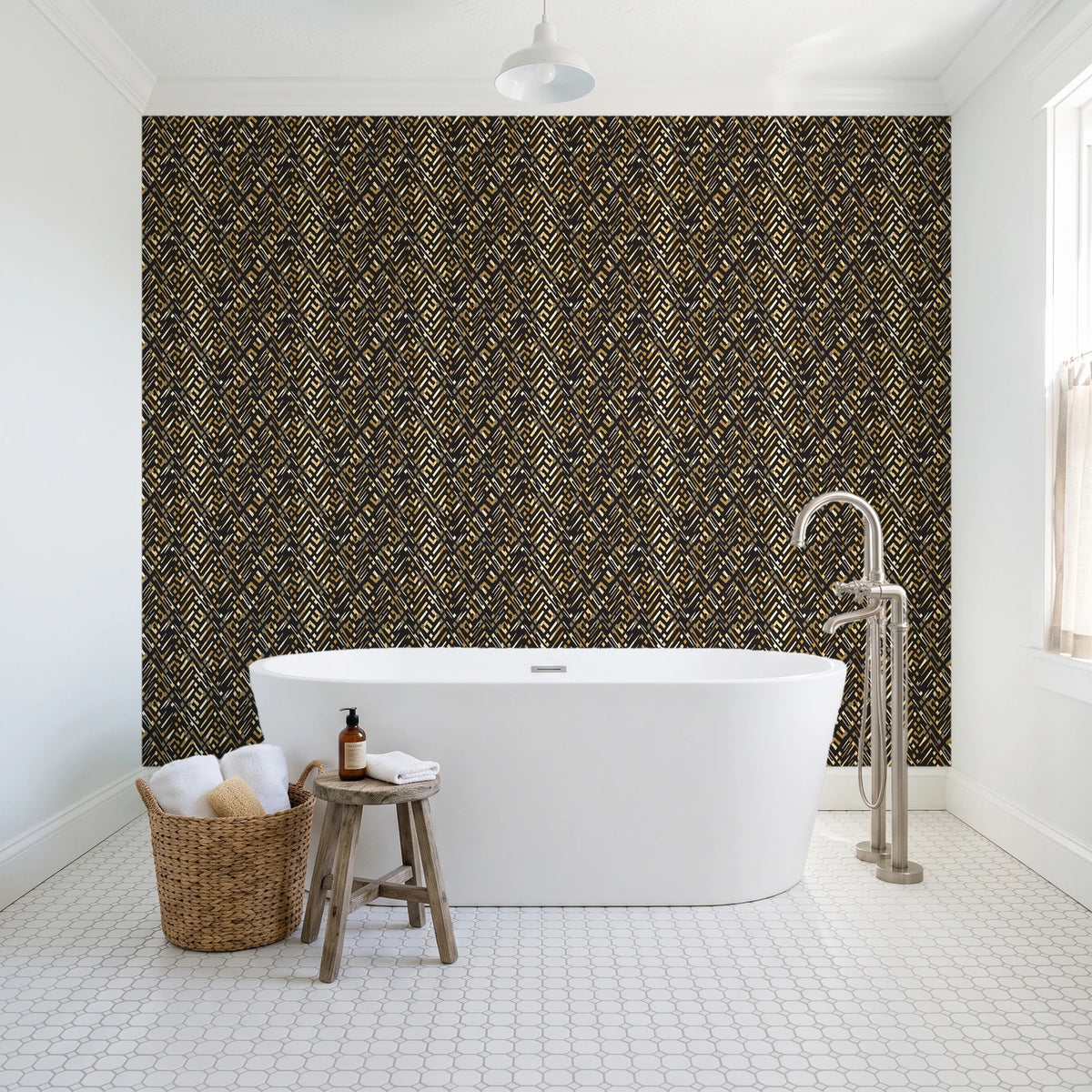 Crossroads Noir geometric wallpaper behind a freestanding tub in a bright coastal bathroom