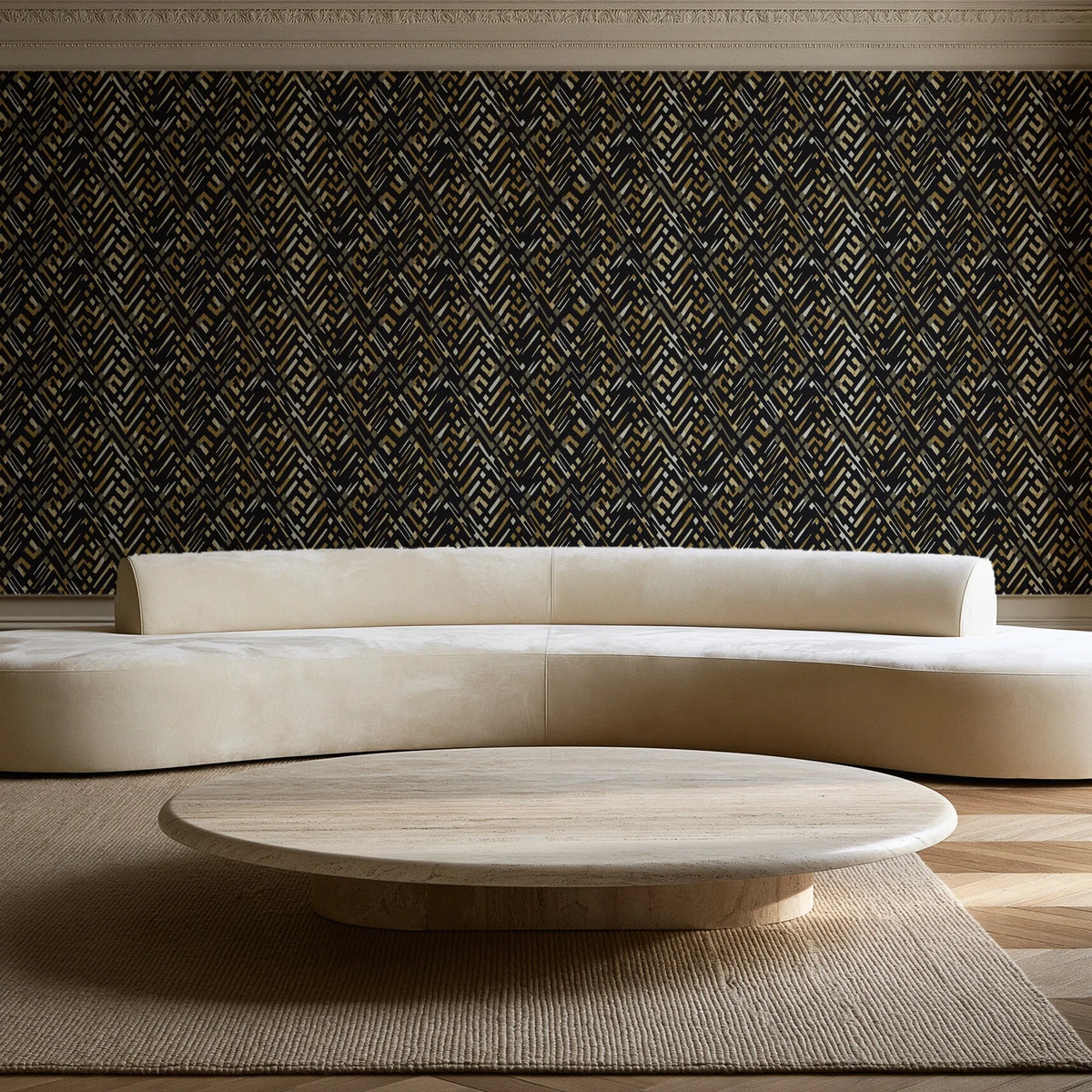 Crossroads Noir geometric wallpaper in an elegant living room