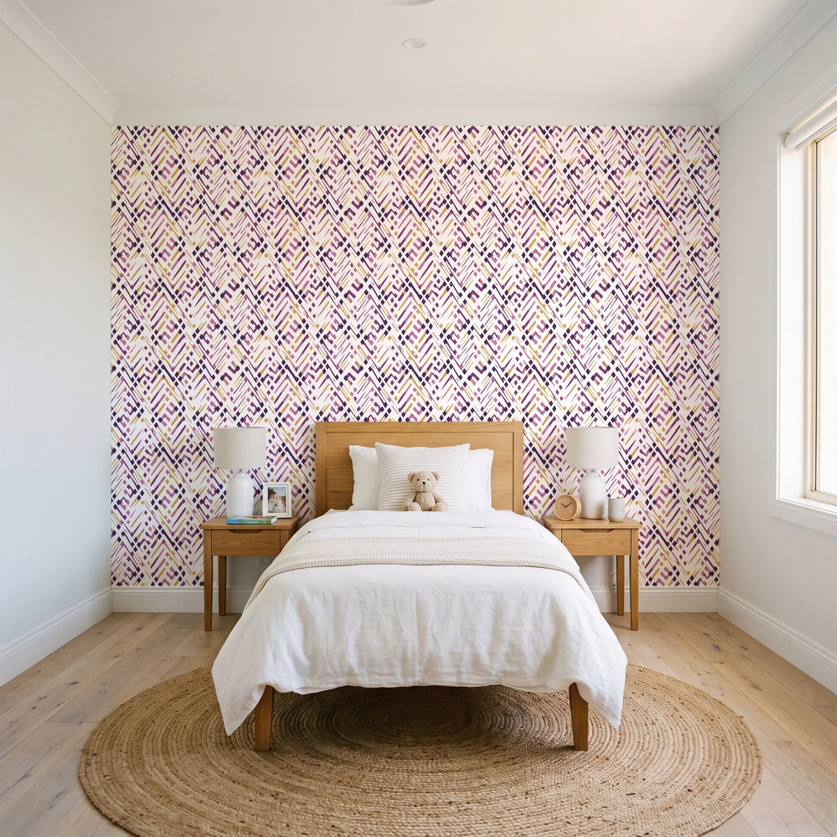Crossroads Plum geometric wallpaper in a bright, cheerful child's bedroom