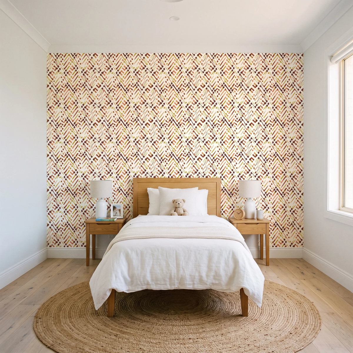 Crossroads Terracotta geometric wallpaper in a bright, cheerful child's bedroom