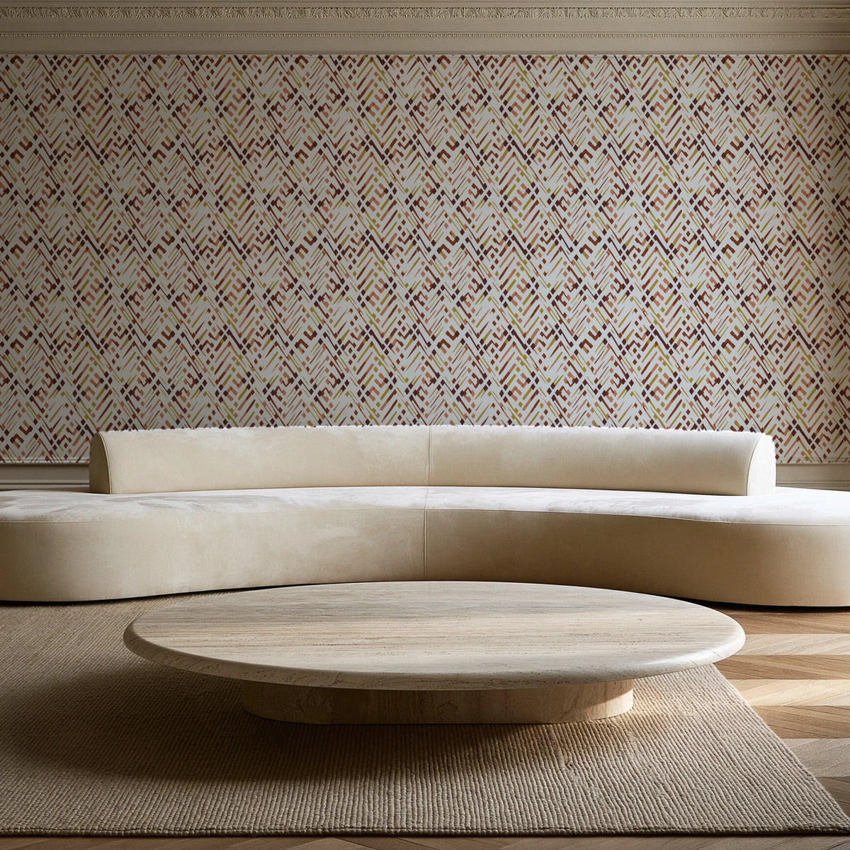 Crossroads Terracotta geometric wallpaper in an elegant living room