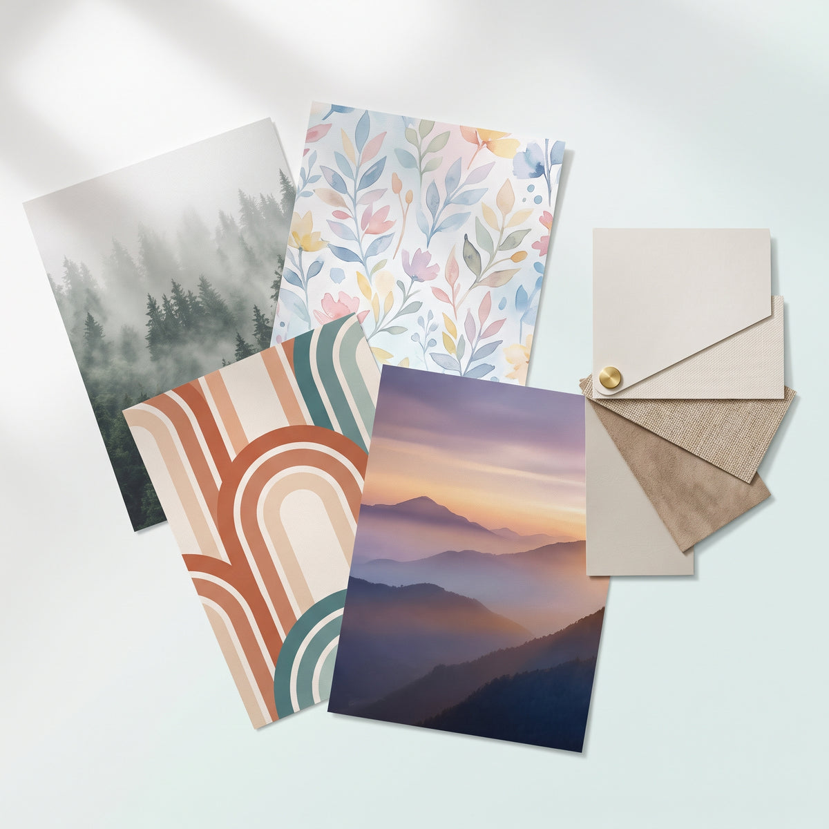 Custom Design Sample Kit — four printed custom wallpaper concept samples fanned out beside a material book with swatches of all five wallpaper materials