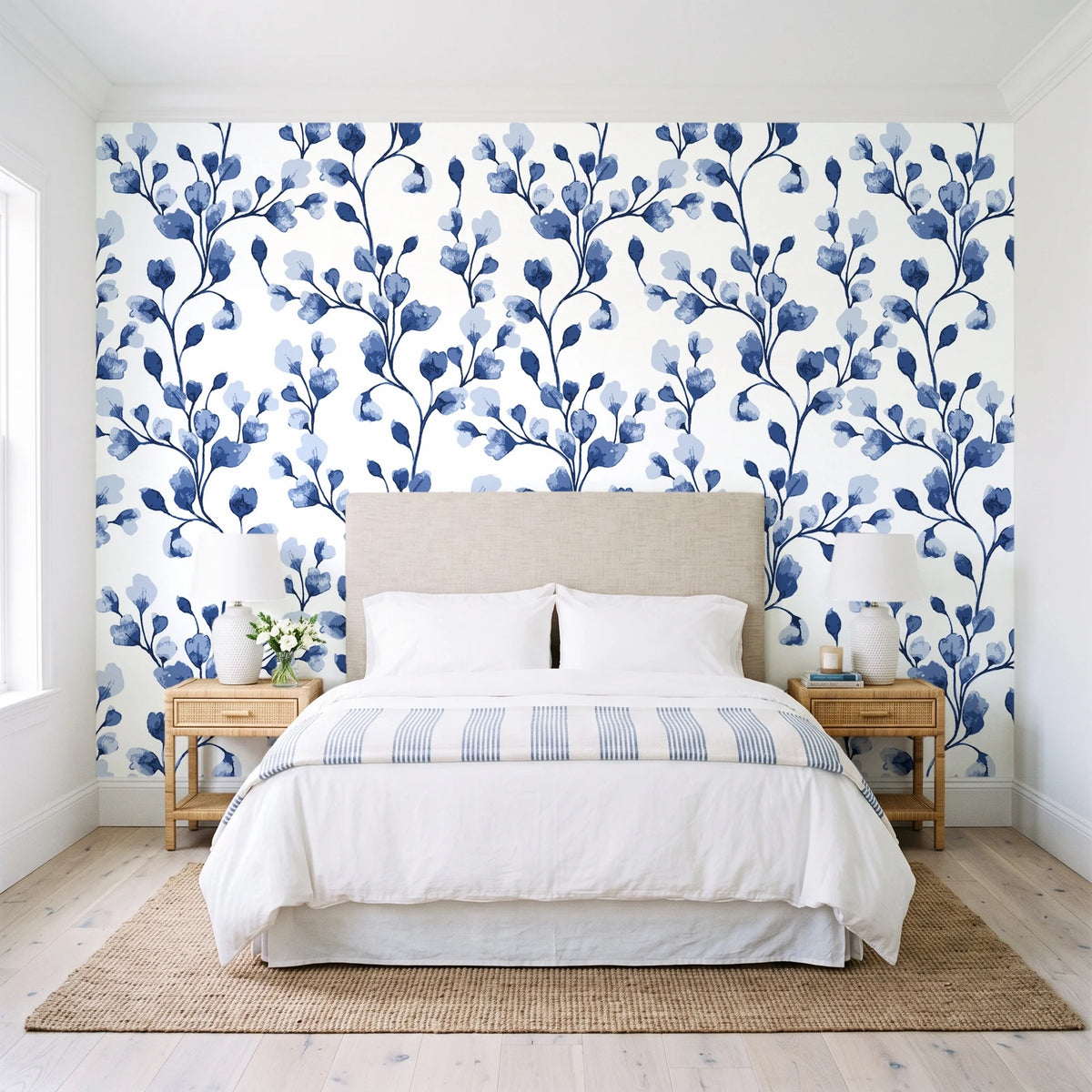 Desert Bloom Indigo botanical vine wallpaper behind a queen bed in a bright coastal bedroom