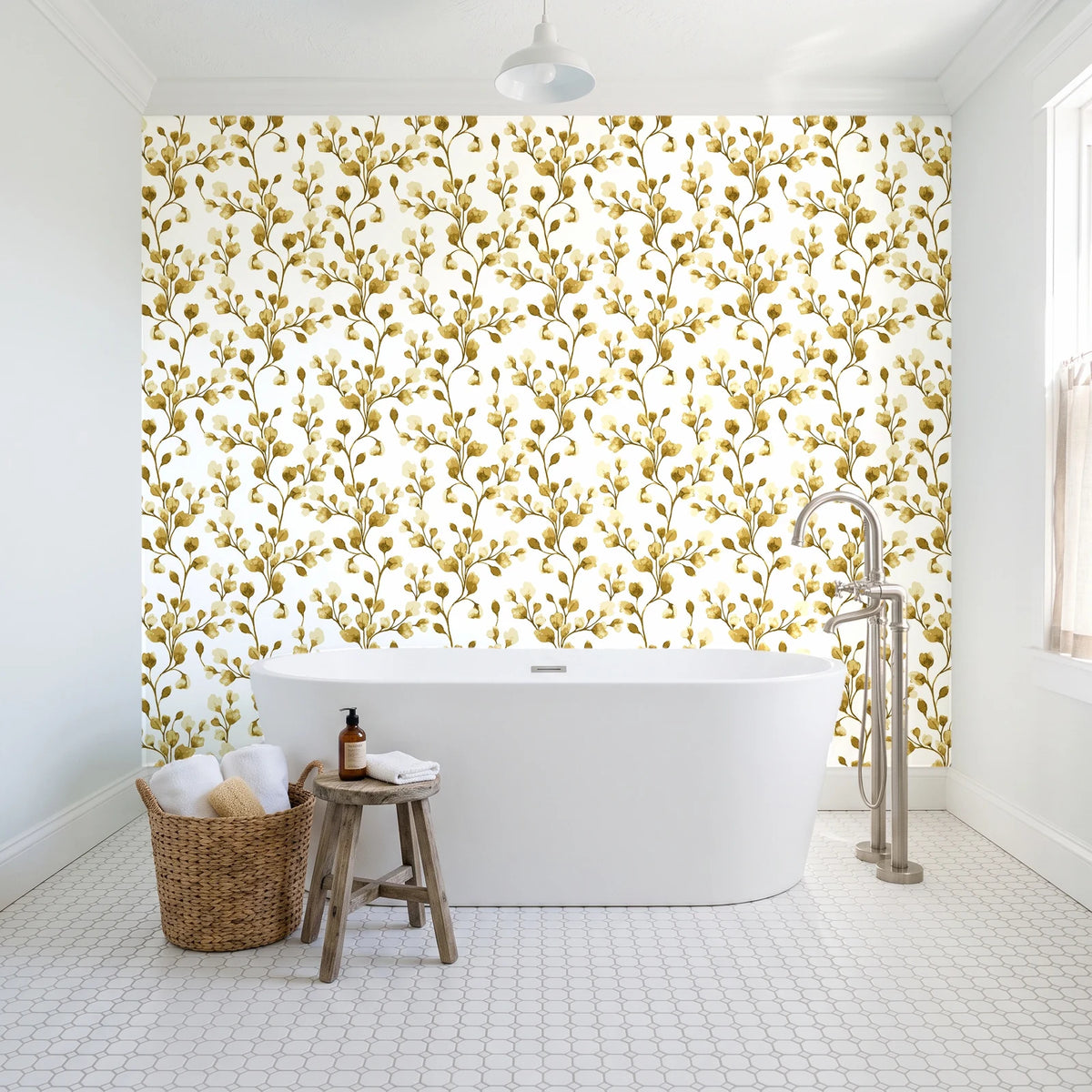 Desert Bloom Ochre botanical vine wallpaper behind a freestanding tub in a bright coastal bathroom