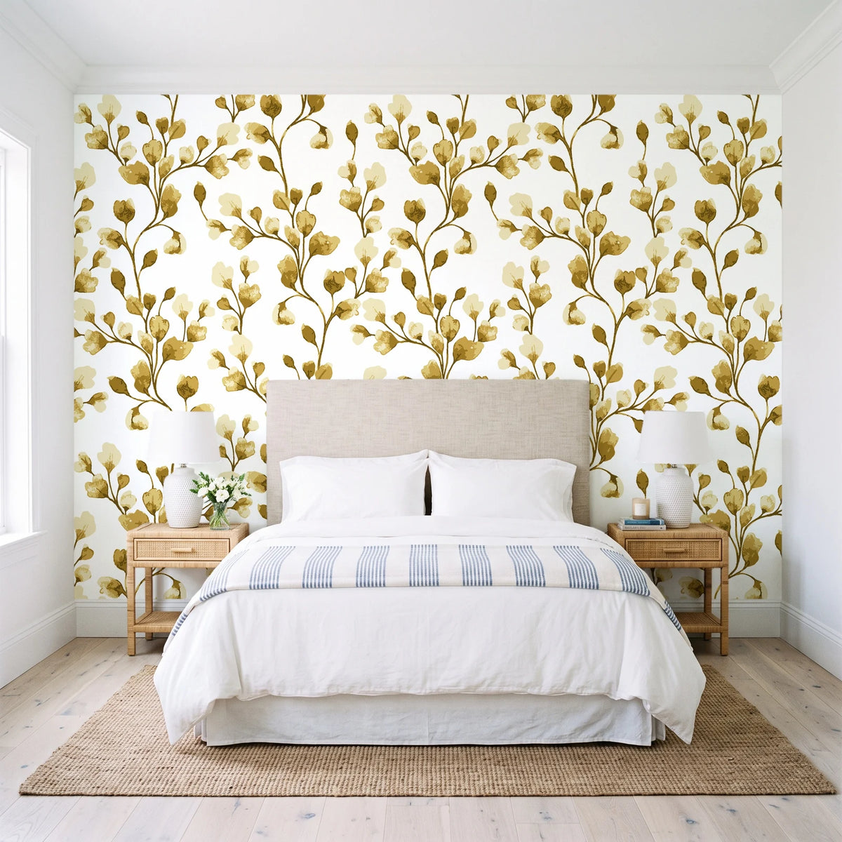 Desert Bloom Ochre botanical vine wallpaper behind a queen bed in a bright coastal bedroom