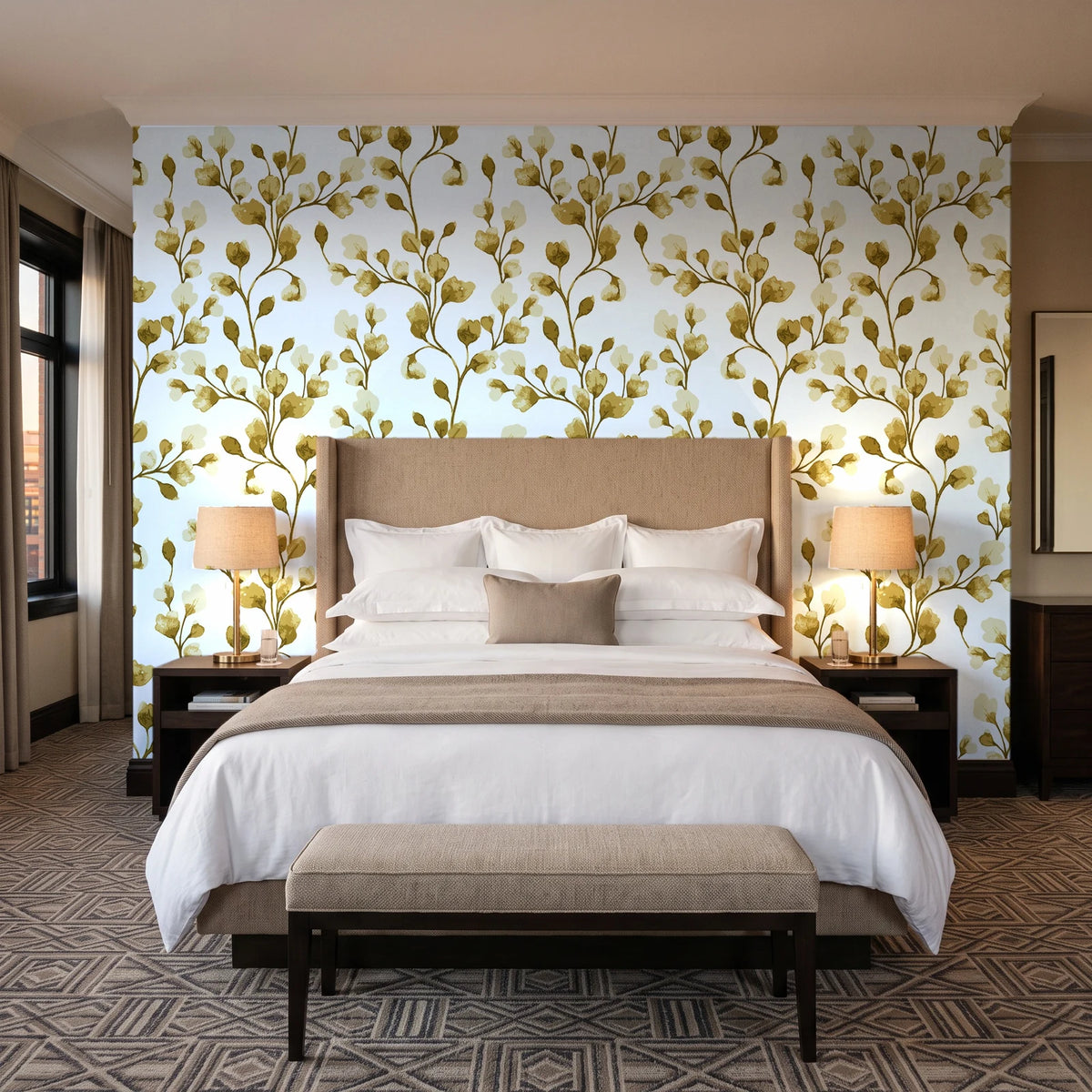 Desert Bloom Ochre botanical vine wallpaper behind the headboard of a king bed in a contemporary hotel guest room