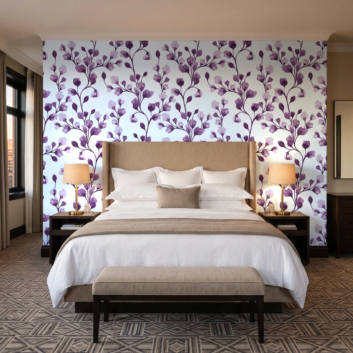 Desert Bloom Plum botanical vine wallpaper behind the headboard of a king bed in a contemporary hotel guest room