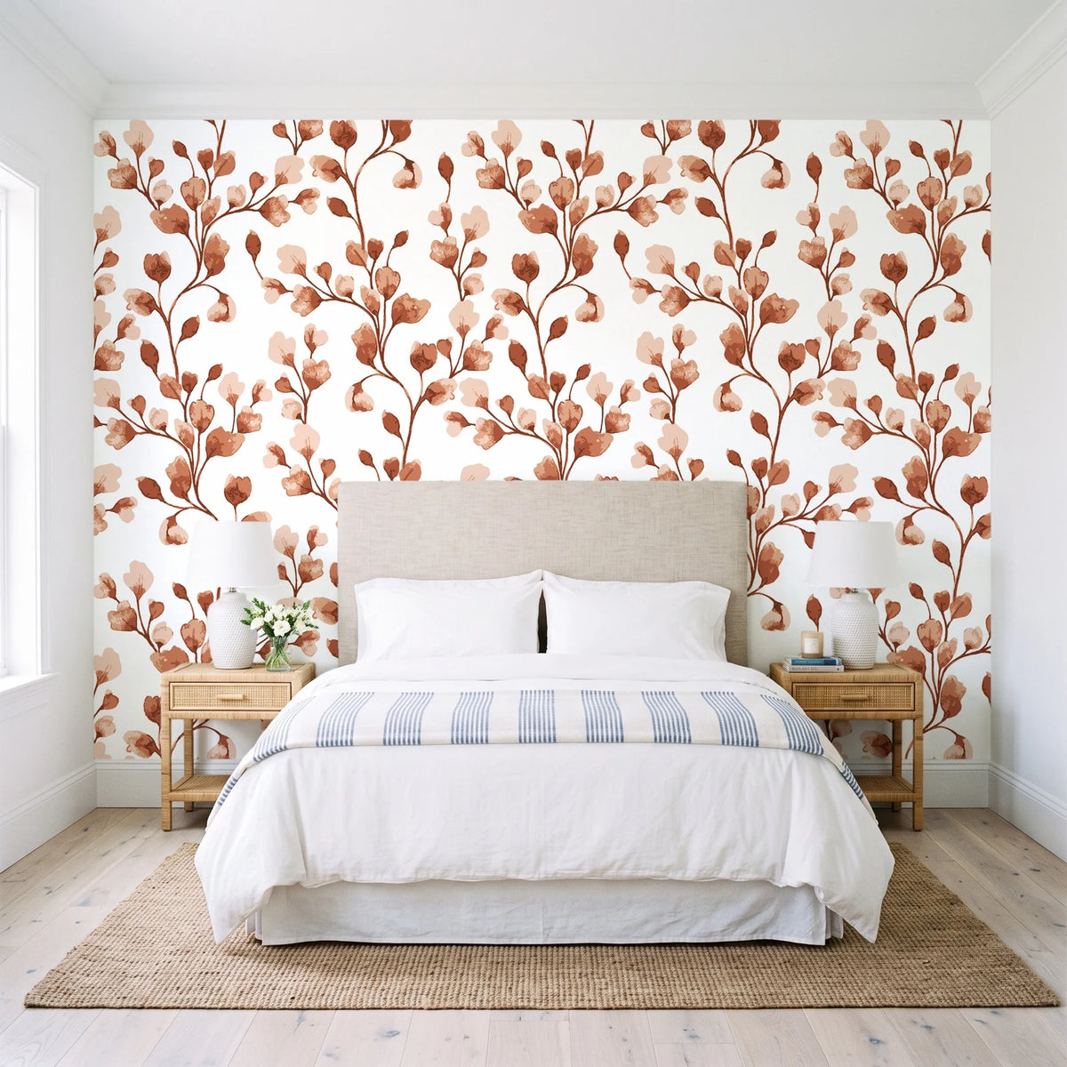 Desert Bloom Terracotta botanical vine wallpaper behind a queen bed in a bright coastal bedroom