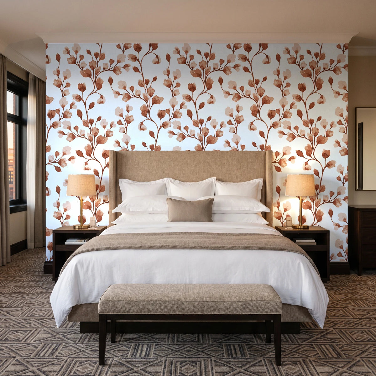 Desert Bloom Terracotta botanical vine wallpaper behind the headboard of a king bed in a contemporary hotel guest room