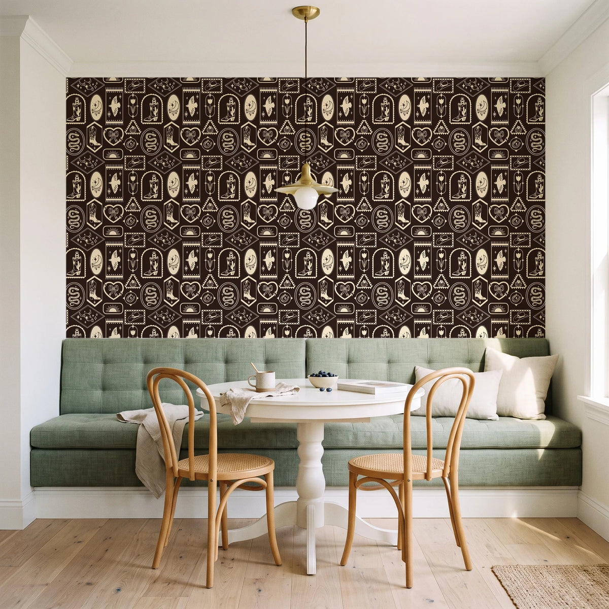 Desert Charms Espresso western icon wallpaper as a feature wall in a sunlit breakfast nook
