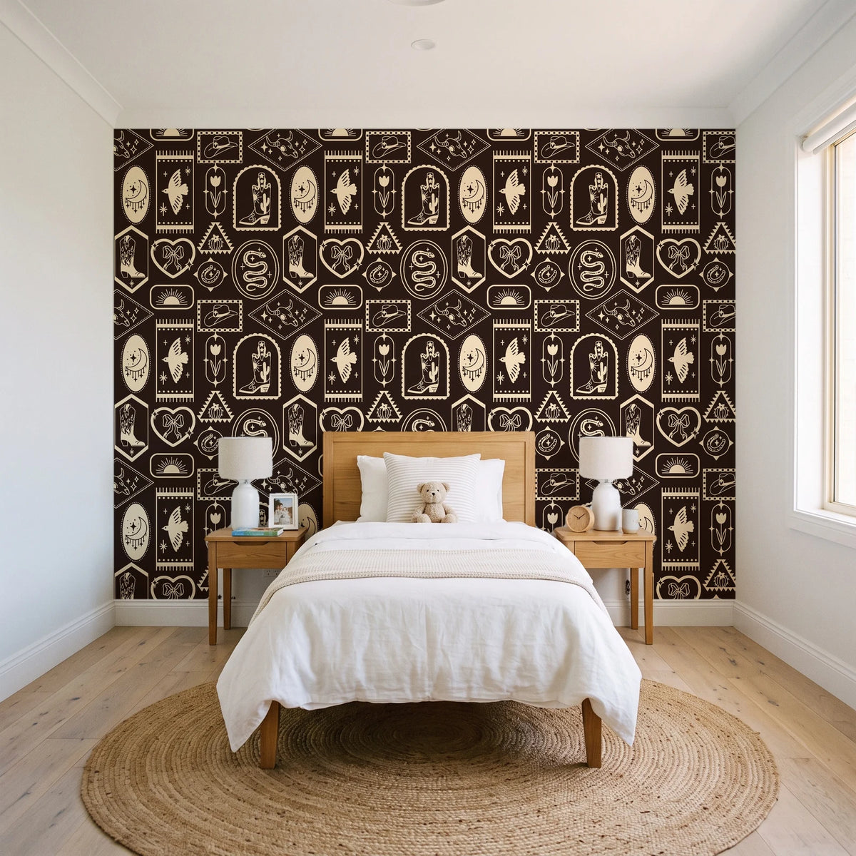 Desert Charms Espresso western icon wallpaper in a bright, cheerful child's bedroom