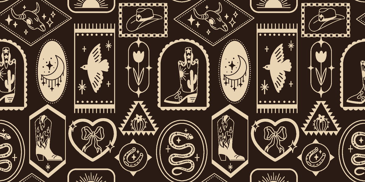 Desert Charms Espresso western icon wallpaper in cream and espresso